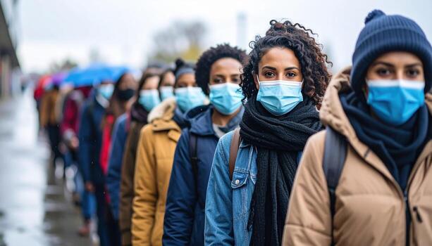Diverse individuals patiently queue in an outdoor line, wearing protective face masks. scene captures public health safety during pandemic, highlighting caution and community resilience photo