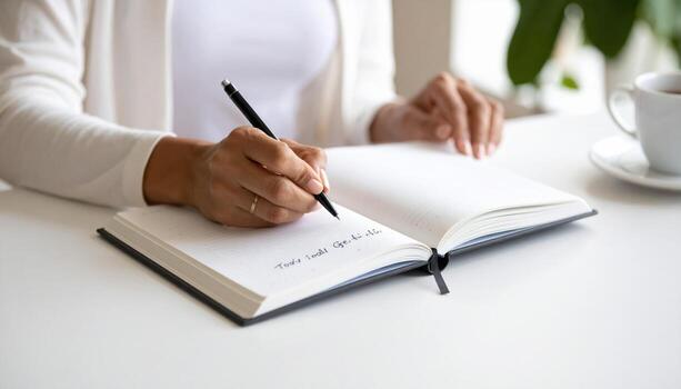 Woman writing in notebook on table photo