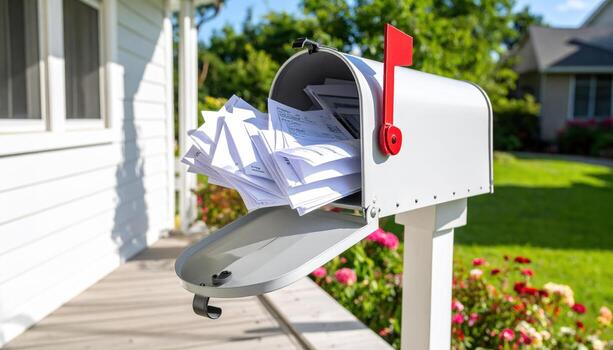 Residential mailbox, full and overflowing with countless white envelopes and mail, suggests significant volume of letters or important documents awaiting attention, possibly causing an overwhelmed photo