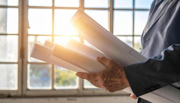 Professional holds blueprints for new architecture project, depicting thoughtful design for future construction of building. business venture looks hopeful as sunlight illuminates plan photo