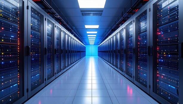 Modern data center filled with rows of powerful server rack emitting cool blue light. Infrastructure supports global network, ensuring secure, high fidelity data processing and cloud computing photo