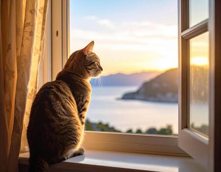 Calm tabby cat sitting on windowsill looking out an open window. pet feels contemplative viewing beautiful ocean sunset, serene and peaceful moment at home photo