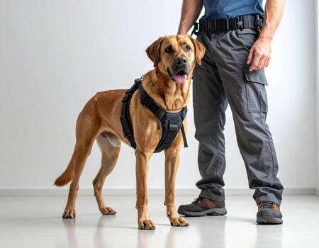 Loyal and trained security k9 dog wearing harness stands working with its man handler. professional partnership for protection and safety, showing focus and obedience photo