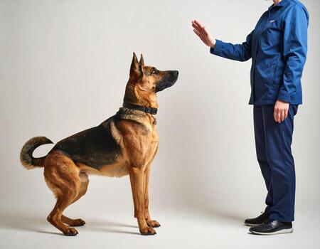 German Shepherd dog showing great focus and obedience while receiving command from person. intelligent canine attentively awaits instruction in clear, bright studio setting photo