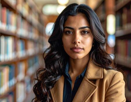 Young woman appears thoughtful and intelligent library, surrounded by blurred books. Her calm expression conveys wisdom and passion for learning. She possesses confident gaze directly viewer photo