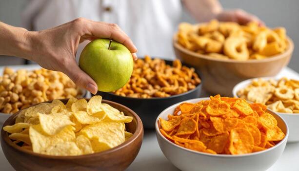 Healthy snack choices are highlighted this image, featuring hand holding green apple above various bowls filled with different types of chips and snacks. contrast between fresh fruit and processed photo