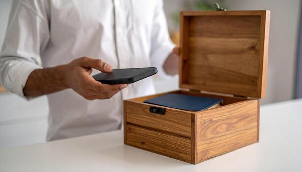 Person holding smartphone near wooden box, which is open and contains notebook. scene conveys organization and modern lifestyle photo