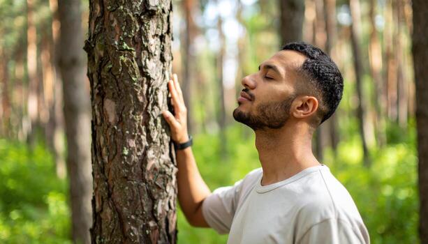 A man is standing next to a tree in the woods photo