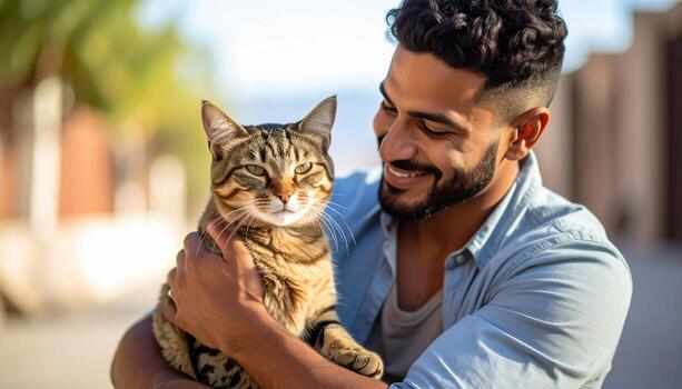 A man is holding a cat and smiling photo