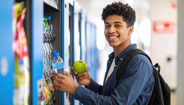 Young man stands in front of vending machine, smiling while holding green apple and bottle of water. He appears cheerful and healthy, showcasing balanced choice of snacks photo