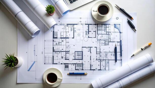 Architectural plans displayed on table with coffee cups, pens, and small plants. layout showcases detailed floor plans, emphasizing design and planning photo