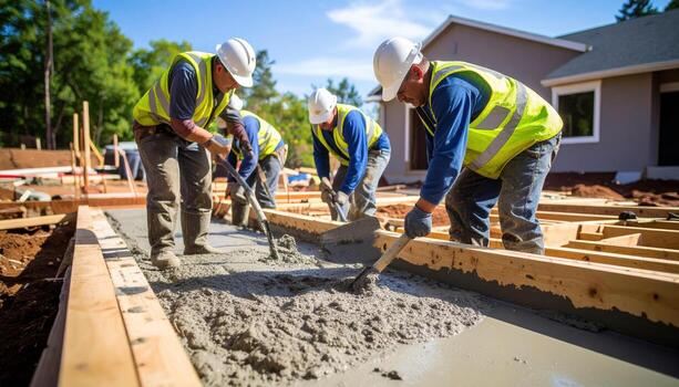 Construction workers are pouring concrete building site, wearing safety helmets and reflective vests. scene captures teamwork and dedication sunny environment, showcasing construction process photo