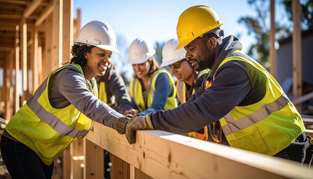 Building structure requires teamwork and collaboration, as shown by diverse group of construction workers focused their task. They wear safety helmets and vests, demonstrating commitment to safety photo