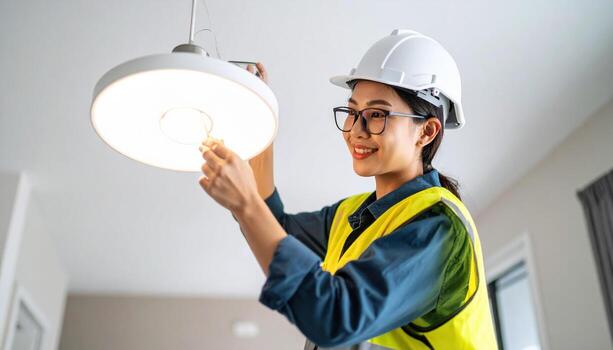 Woman wearing safety gear and helmet is installing or inspecting ceiling light in modern interior space, smiling and working carefully with bright light source overhead photo