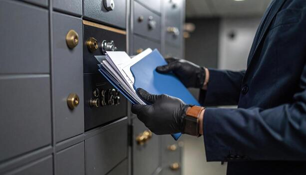Secure document handling is essential in professional environments, as shown by person in suit retrieving files from locked mailbox. focus on organization and confidentiality is evident photo
