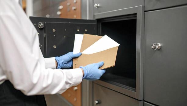Person wearing gloves is placing envelopes into secure mailbox, showcasing focus on safety and organization in mail handling. environment appears professional and tidy photo