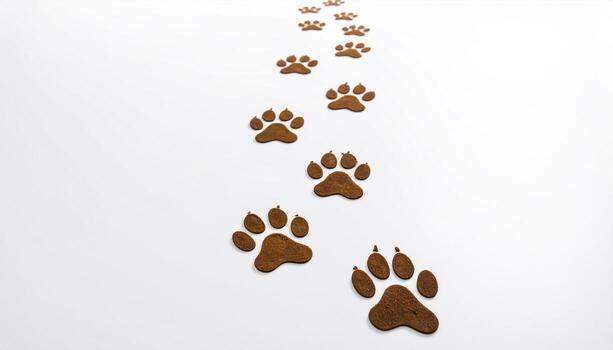 Trail of paw print shaped cookies or chocolates white surface, creating playful and whimsical pattern that suggests animal footprints. items are brown and appear to be edible, arranged curved line photo
