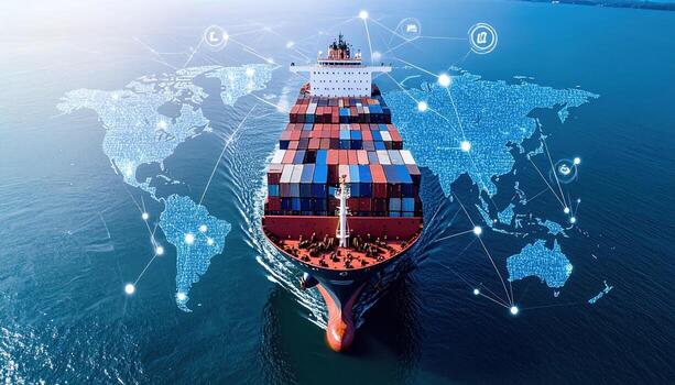 Large cargo ship loaded with colorful shipping containers navigates through ocean, symbolizing global trade and connectivity with digital network graphics overlaying world map photo