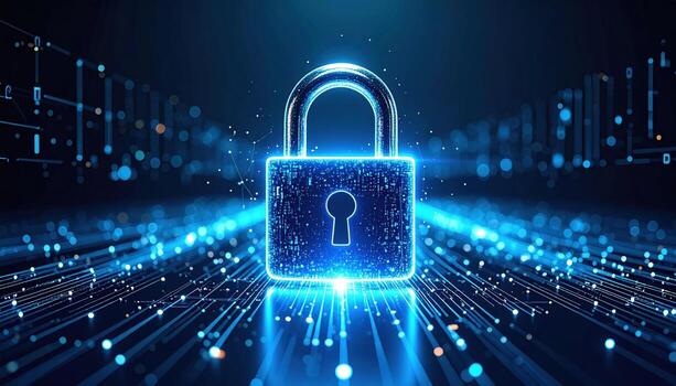 Glowing digital padlock symbolizes cybersecurity and data protection, surrounded by network of glowing lines and binary code, conveying sense of security and technology photo