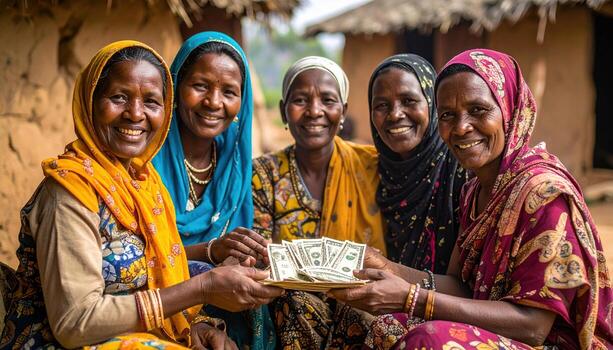 Empowered women display unity and joy while holding stack of cash, symbolizing financial success and community support. Their colorful attire reflects cultural richness and resilience photo
