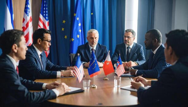 Four business men sitting at a table with flags photo
