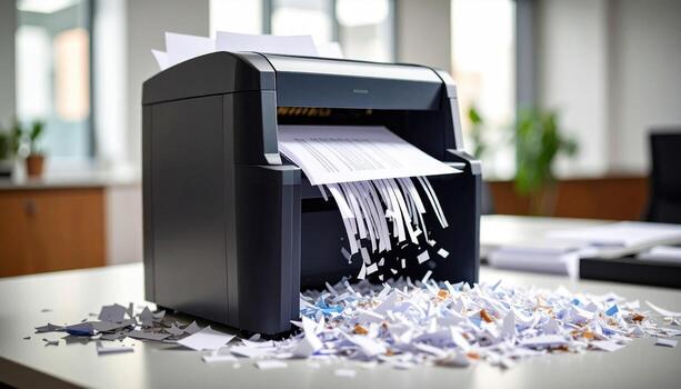 Printer is overflowing with shredded paper, creating chaotic scene in modern office environment. disarray of documents highlights importance of organization and efficiency in workspaces photo