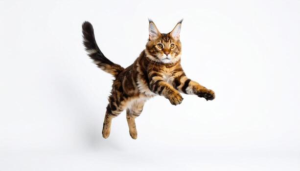 Bengal cat is captured mid air against plain white background, showcasing its agility and striking fur pattern with playful and energetic expression photo