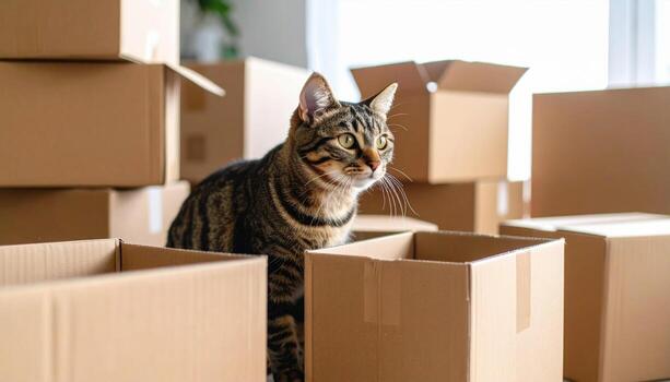 curioso atigrado gato explora habitación lleno con cartulina cajas, exhibiendo sus juguetón naturaleza y emoción de nuevo ambiente. escena capturas esencia de aventuras y descubrimiento foto