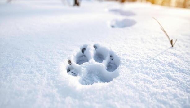 Single animal paw print in fresh snow on winter landscape, with soft glow from sunlight creating peaceful and quiet atmosphere photo