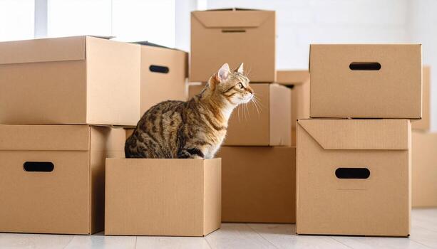 Playful cat sits inside cardboard box surrounded by more boxes, creating cozy and curious atmosphere. scene captures essence of home and exploration photo