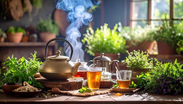 Cozy indoor herbal tea setup with steaming teapot, glasses of tea, and fresh green herbs rustic wooden table, illuminated by natural sunlight through large windows, creating warm and inviting photo