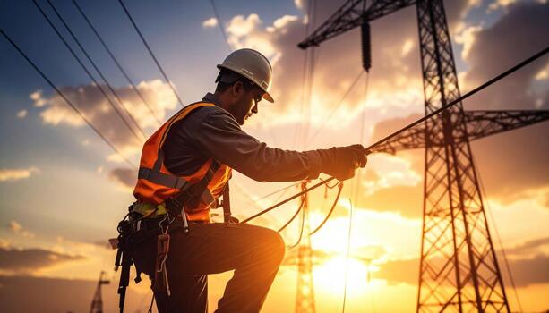 Worker in safety gear working on electrical wires at sunset, with power towers in background, creating dramatic and industrial scene, emphasizing safety and infrastructure maintenance photo