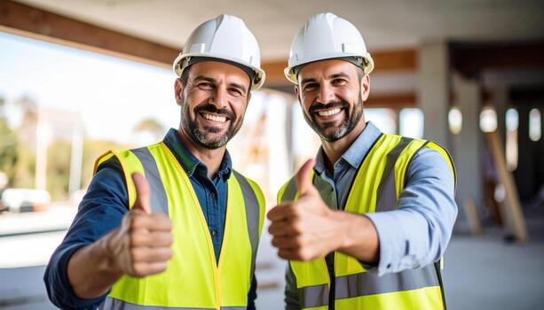 Two smiling construction workers wearing safety helmets and reflective vests giving thumbs up at building site, showing confidence and teamwork, with bright outdoor background photo