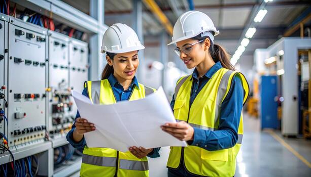 Two female engineers or technicians safety helmets and reflective vests examining blueprint or technical document industrial or manufacturing facility, smiling and discussing project photo