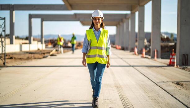 Female construction engineer walking construction site wearing safety helmet and reflective vest, smiling confidently partially built structure, with other workers background, bright daylight photo