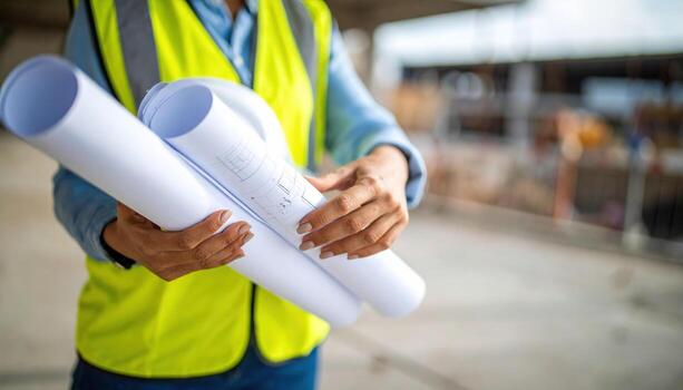 persona vistiendo amarillo la seguridad chaleco participación arrollado arriba planos construcción sitio, enfoque manos y planos, con borroso antecedentes de construcción materiales y estructuras, transporte foto