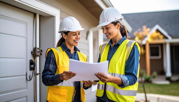 Two female construction workers safety helmets and reflective vests review blueprints outside residential building, smiling and discussing construction plans with cheerful and collaborative photo