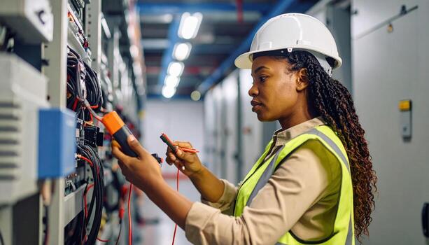 hembra técnico vistiendo la seguridad casco y chaleco trabajando con eléctrico equipo industrial configuración, inspeccionando y pruebas alambrado y componentes con multímetro, demostrando técnico habilidades foto