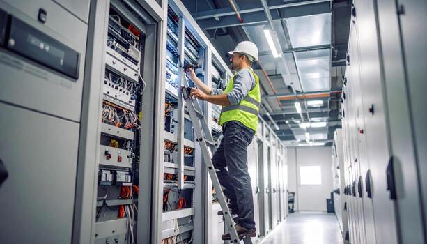 Technician working on electrical panels in data center or server room, wearing safety gear and using ladder to access equipment, with bright window in background photo