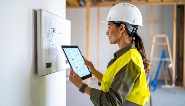 Female construction worker in safety helmet and vest reviewing electrical plans on tablet at building site, showing focus and technical expertise in partially constructed space photo