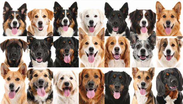 Diverse group of dogs with various breeds and colors, all looking directly at camera with happy expressions and tongues out, creating lively and cheerful scene photo