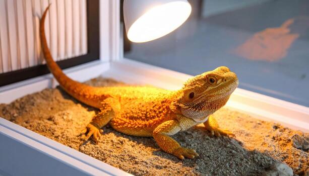Large bearded dragon basking under heat lamp inside glass enclosure with sandy substrate, showing calm and alert expression, in controlled environment for pet care photo
