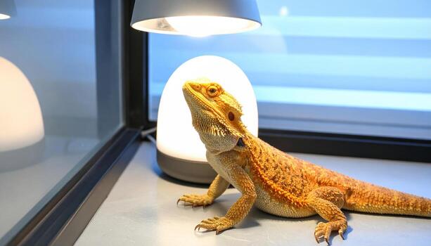 Bearded dragon lizard sitting on windowsill under lamp, with glowing light source behind it, creating cozy indoor environment. scene highlights reptile textured skin and alert posture photo