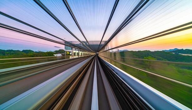 Dynamic view from moving train or tram captures motion blur of tracks and surrounding landscape, creating sense of speed and energy during sunset or sunrise, with vibrant sky colors and lush photo