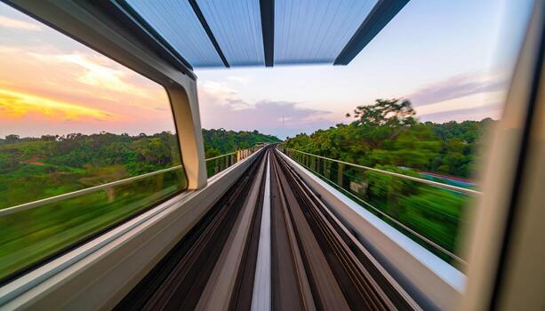 View from inside moving train traveling through lush green landscape during sunset, with sky showing warm colors and train tracks stretching into distance, creating sense of speed and adventure photo
