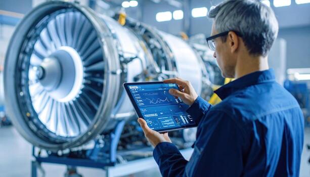 Technician inspecting jet engine with tablet in aircraft maintenance hangar, analyzing data and performance metrics, showcasing advanced technology and engineering expertise photo