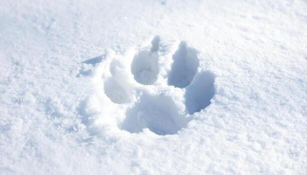 Single animal paw print in fresh snow on bright winter day, capturing quiet and peaceful atmosphere of snowy landscape, with focus on texture of snow and impression left by animal movement photo
