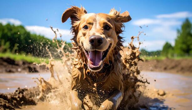 Happy dog running through muddy water area outdoors on sunny day, splashing water and showing excitement and joy, with bright blue sky and green trees in background photo