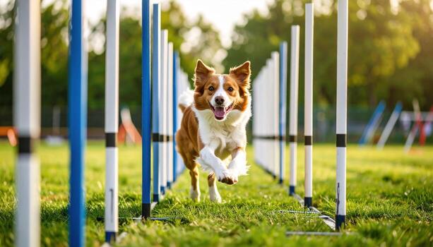 Happy dog running through agility poles outdoors during daytime, with green grass and trees in background, capturing energy and excitement of dog training or play photo
