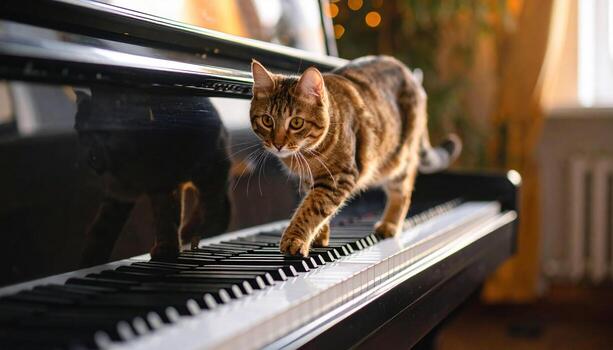 Curious cat walking on piano keyboard in cozy room with warm lighting and curtains, creating charming and playful atmosphere, capturing moment of feline exploration and musical curiosity photo